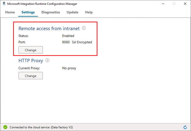 Captura de pantalla en la que se muestra la verificación de la configuración del acceso remoto en el paso 1 Configuration Manager de entorno de ejecución de integración autohospedado.