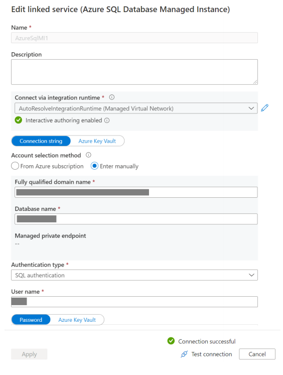 Captura de pantalla en la que se muestra la página de creación de un servicio vinculado de SQL Managed Instance.