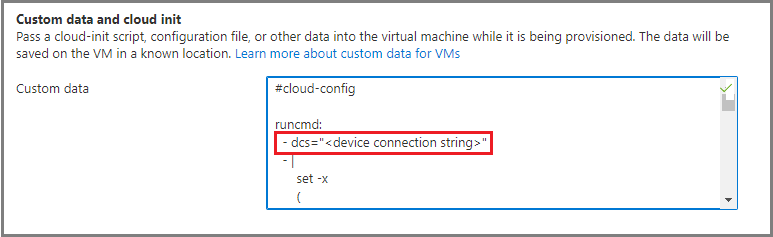 Captura de pantalla del campo de datos personalizados de la configuración de la máquina virtual en Azure Portal.