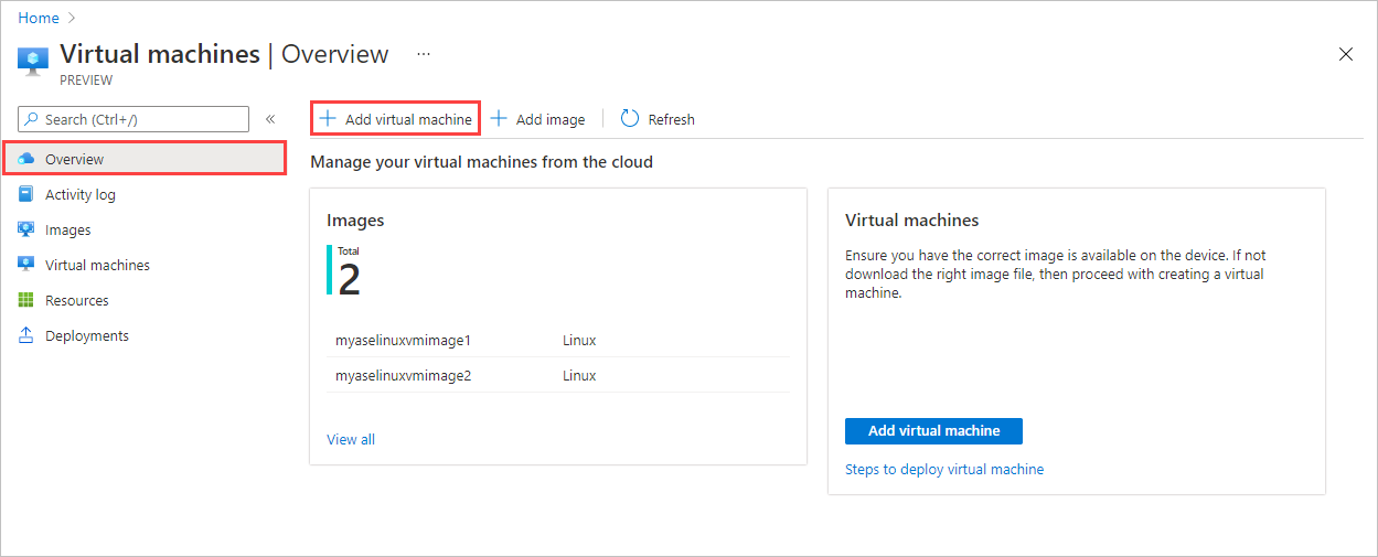 Captura de pantalla que muestra el panel Información general de Máquinas Virtuales en un dispositivo Azure Stack Edge. El botón Agregar máquina virtual está resaltado.