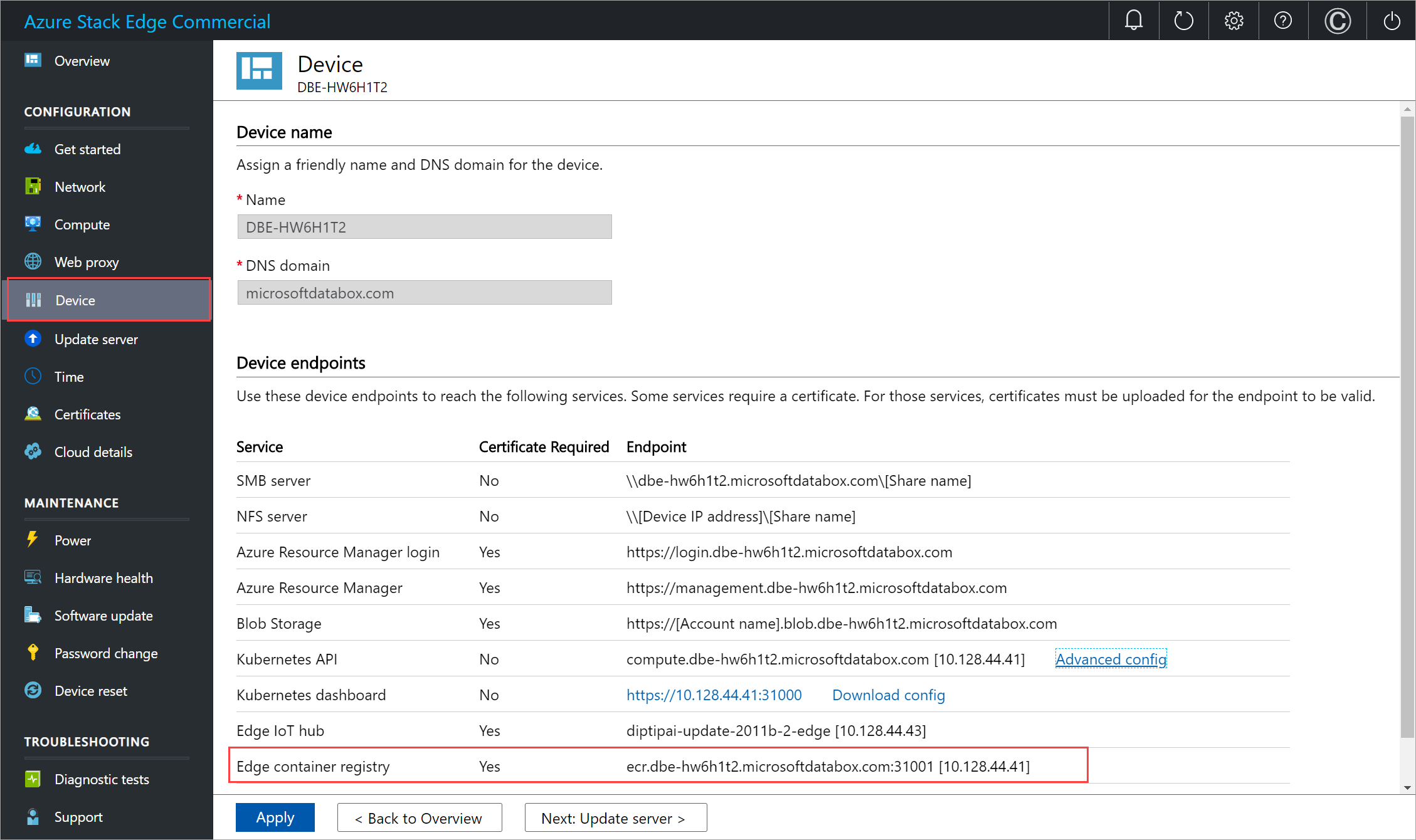 Punto de conexión del registro de contenedor de Edge en la página Dispositivo