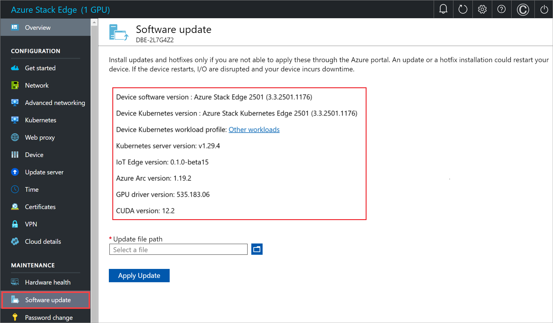 Captura de pantalla de la versión de software actualizada en la interfaz de usuario local