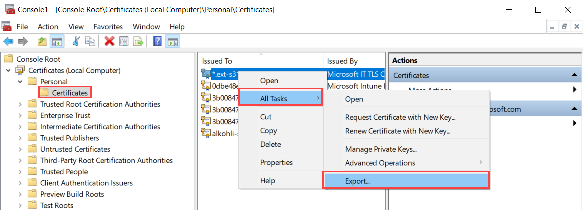 Captura de pantalla que muestra la opción Exportar para un certificado seleccionado en el almacén de certificados personales de un dispositivo. La opción Exportar del menú Todas las tareas está resaltada.