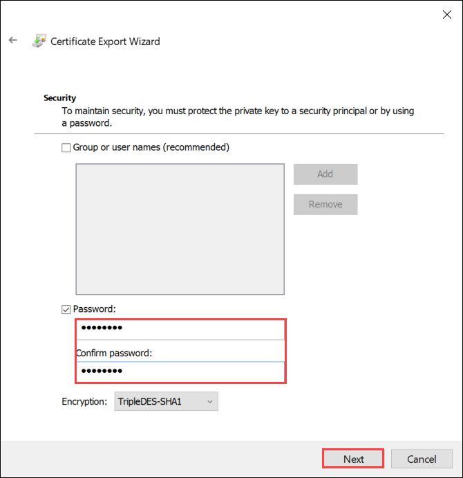 Captura de pantalla de la página Seguridad del Asistente para exportación de certificados con una contraseña especificada. Las opciones Contraseña y Confirmar contraseña están resaltadas.