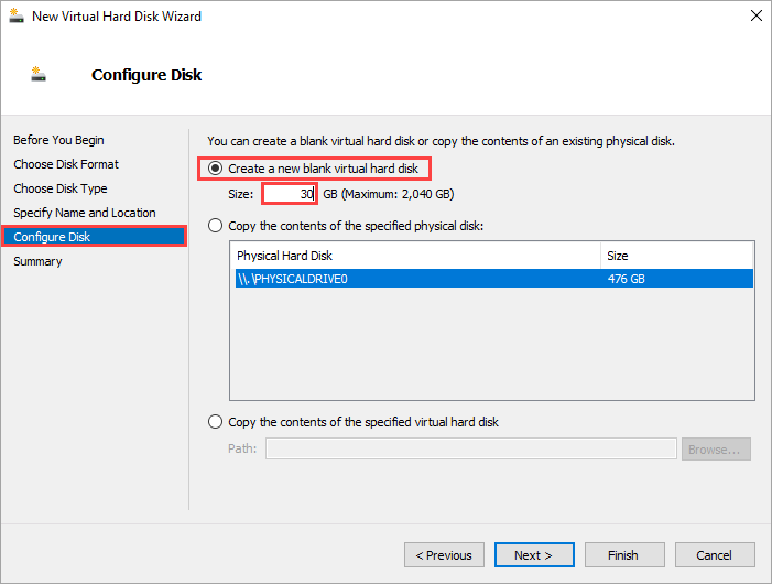 Configuración para crear un nuevo disco duro virtual en blanco y especificar el tamaño