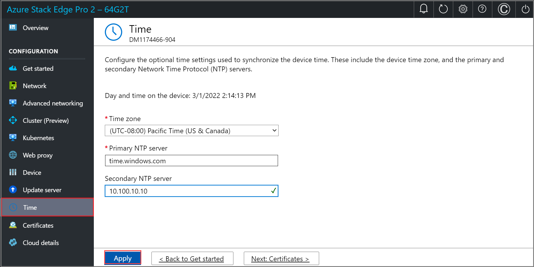 Captura de pantalla de la página Hora en la interfaz de usuario web local de un dispositivo Azure Stack Edge. El botón Aplicar está resaltado.