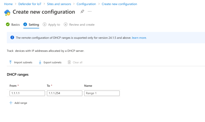 En la captura de pantalla se muestra la pestaña Configuración para agregar direcciones IP DHCP a la configuración del sensor.