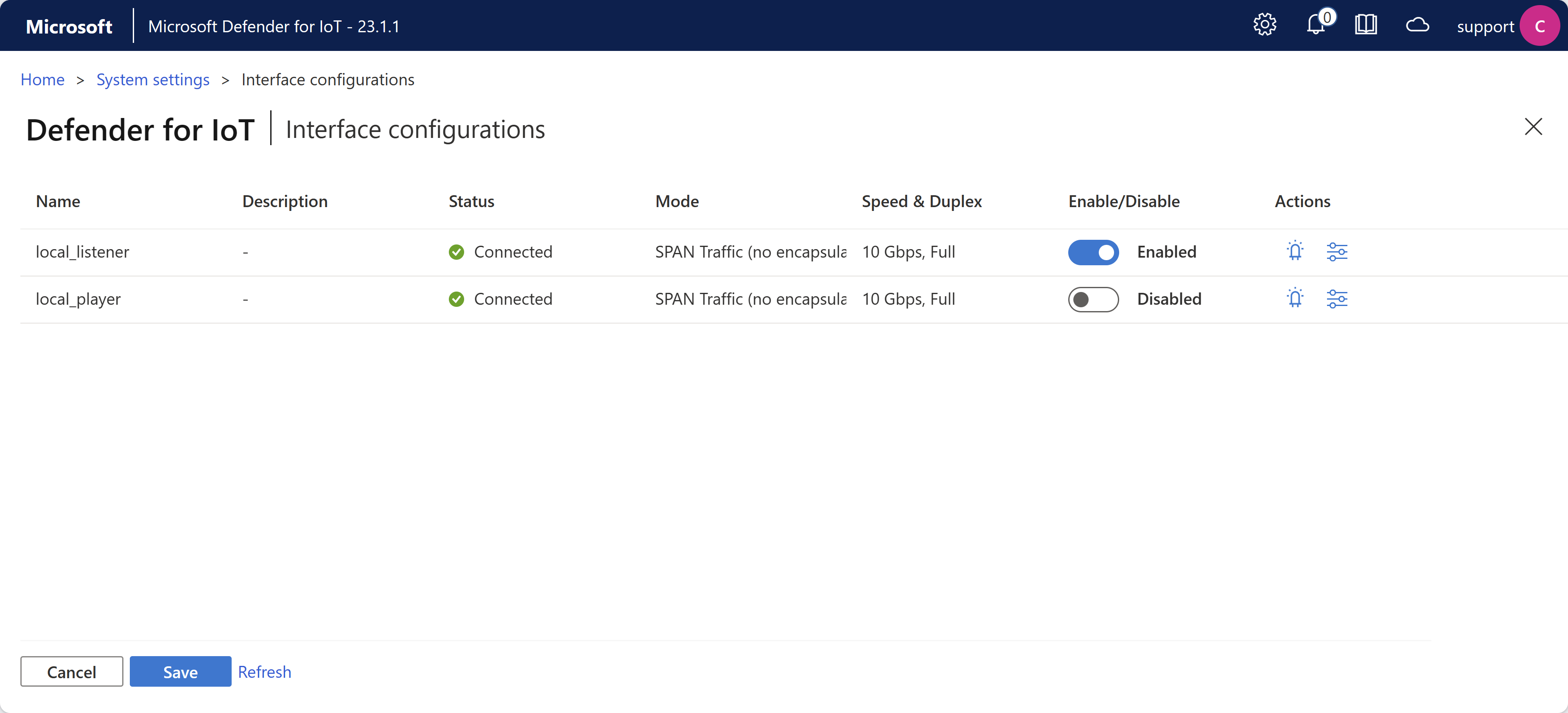 Captura de pantalla de la página de configuraciones de integración en el OT sensor.