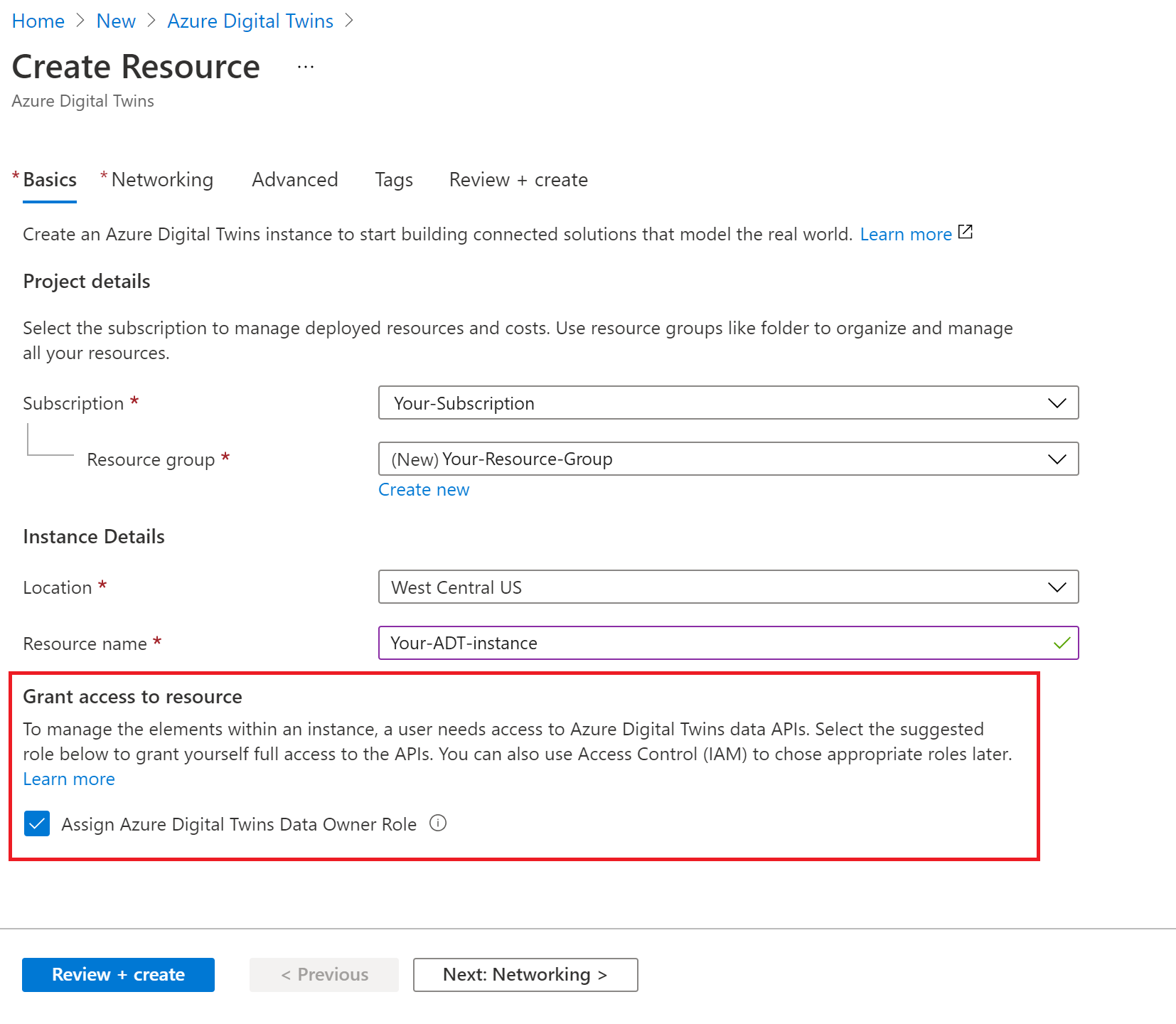 Captura de pantalla del proceso Crear recurso para Azure Digital Twins en Azure Portal. La casilla situada debajo de Conceder acceso al recurso está resaltada.