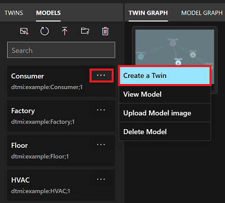 Captura de pantalla del panel Models (Modelos) de Azure Digital Twins Explorer. Los puntos del menú de un solo modelo están resaltados y la opción del menú para crear un gemelo también está resaltada.