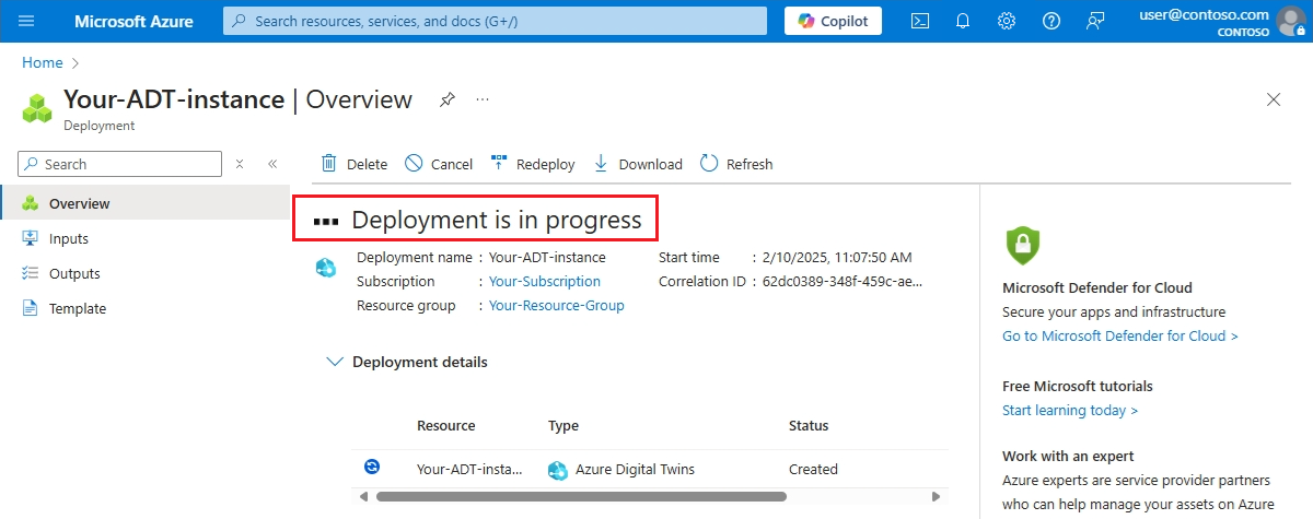 Captura de pantalla de la página de implementación de Azure Digital Twins en Azure Portal. La página indica que la implementación está en progreso.