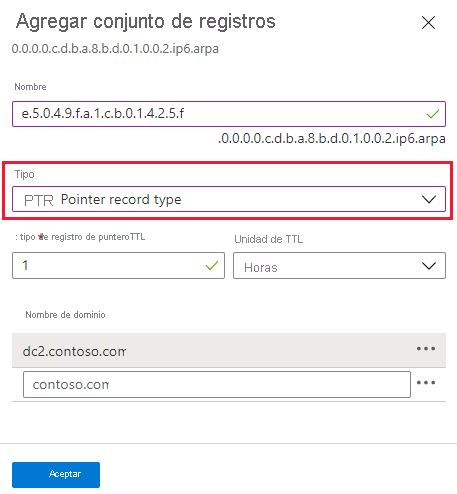 Captura de pantalla de creación de un registro de puntero de IPv6.