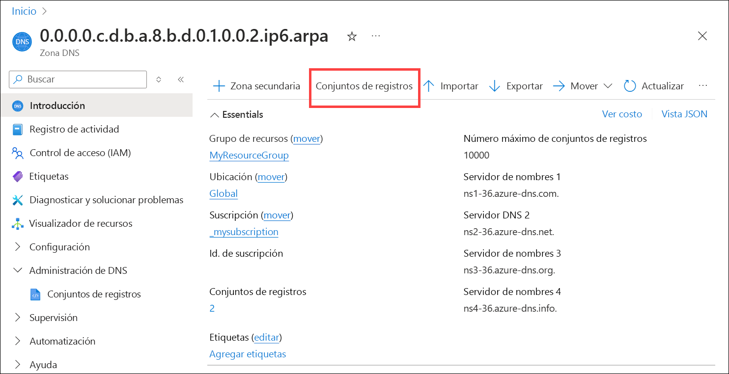 Captura de pantalla de cómo agregar un registro DNS inverso IPv6 a una zona DNS.