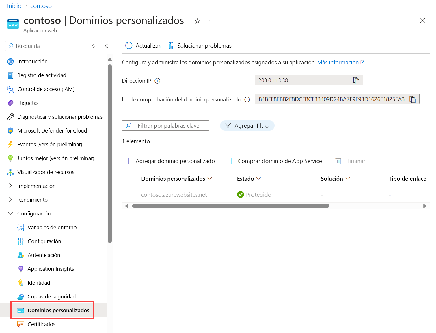 Captura de pantalla de la página de dominios personalizados de Azure App Service que muestra de dirección IP de la aplicación web.