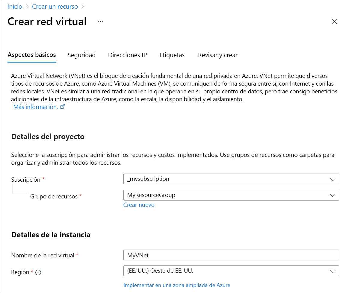 Recorte de pantalla de la pestaña de aspectos básicos de la creación de una red virtual.