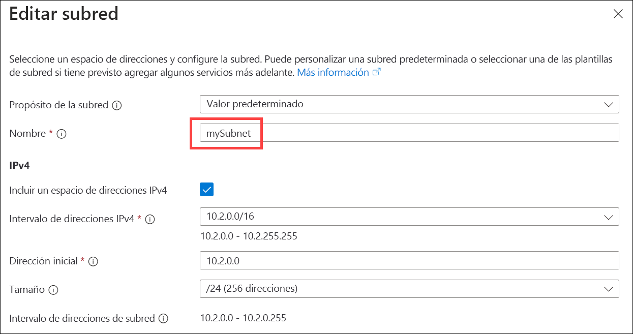 Captura de pantalla de la especificación del espacio de direcciones IPv4 de subred.