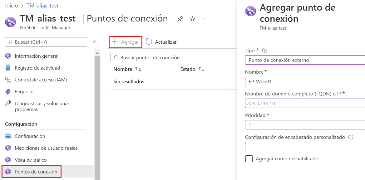 Captura de pantalla de la página de puntos de conexión en el perfil de Traffic Manager que muestra las opciones de configuración seleccionadas para añadir un punto de conexión.