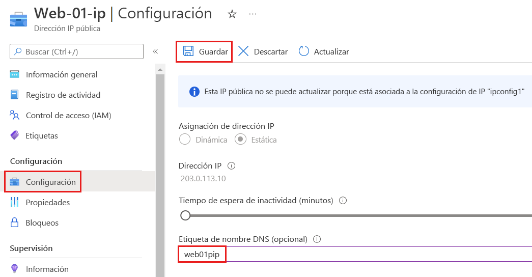 Captura de pantalla de la página de configuración de la dirección IP pública de Azure que muestra la etiqueta de nombre de D N S.