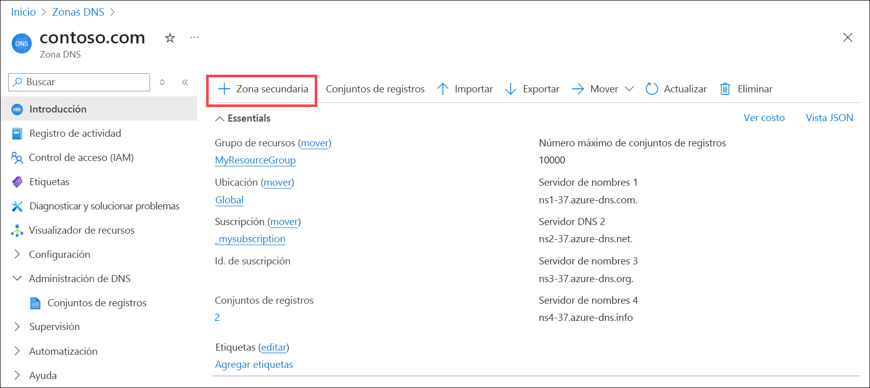 Captura de pantalla de la zona DNS de Azure que muestra el botón Agregar zona secundaria.