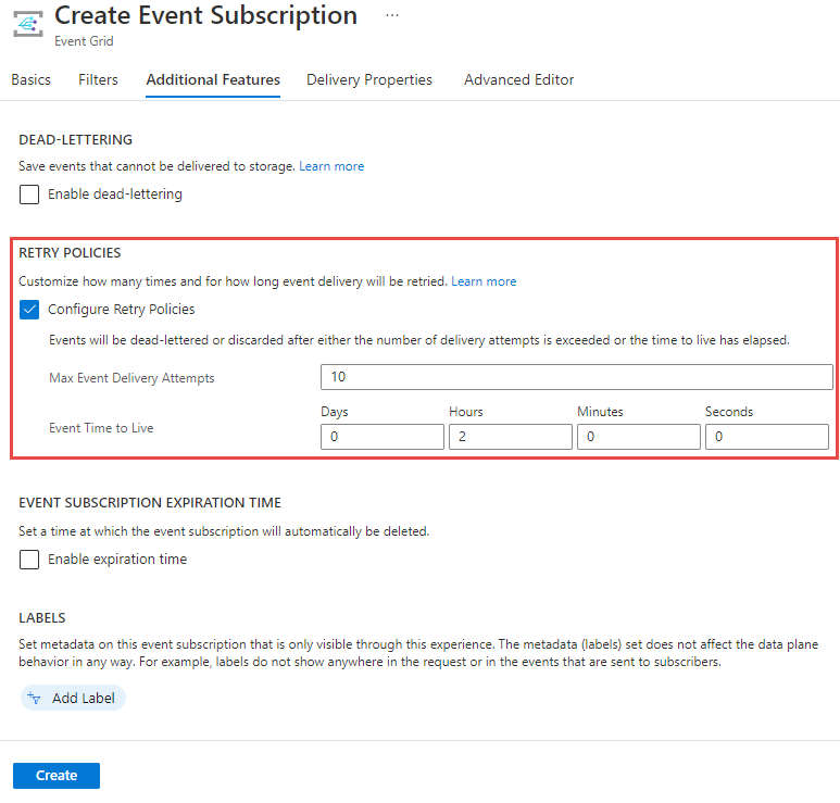 Captura de pantalla que muestra la configuración de la directiva de reintentos de una suscripción a un evento.