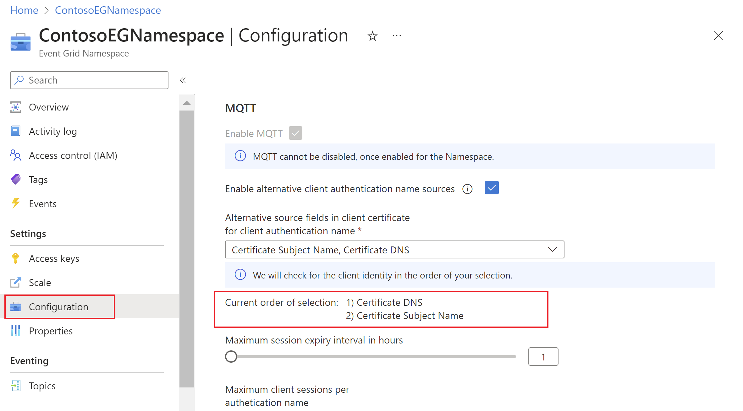 Captura de pantalla que muestra la página de configuración del espacio de nombres con la configuración del origen alternativo del nombre de autenticación del cliente.