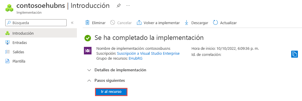 Captura de pantalla de la página Implementación finalizada con el vínculo al recurso.