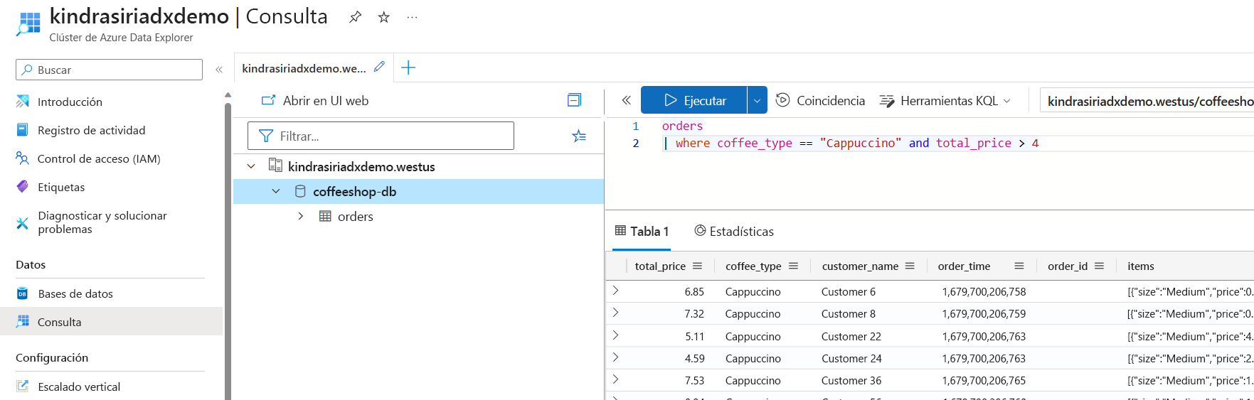 Diagrama que muestra la consulta y salida de Azure Data Explorer.