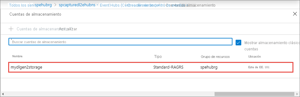 Captura de pantalla que muestra la selección de Data Lake Storage cuenta de Gen 2.