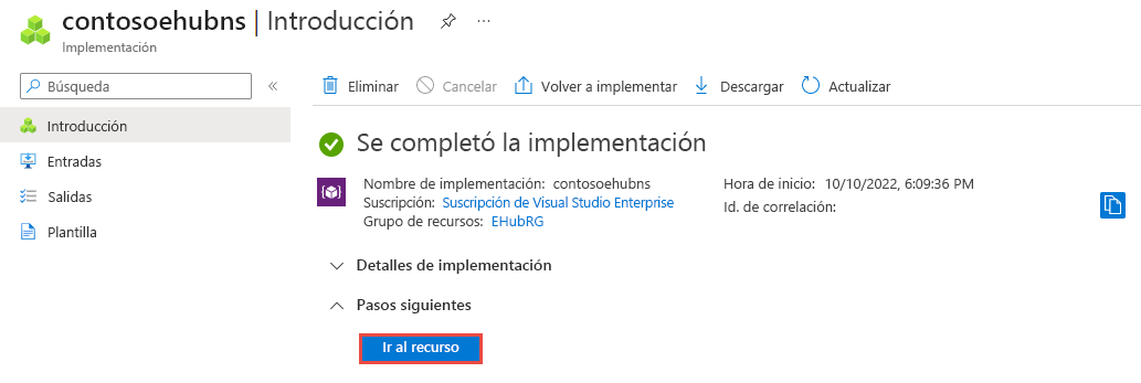 Captura de pantalla de la página Implementación finalizada con el vínculo al recurso.