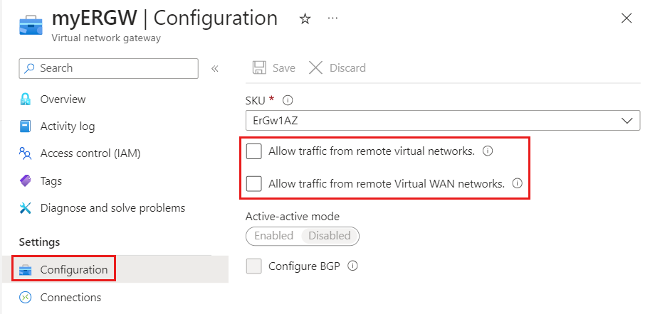 Captura de pantalla que muestra cómo habilitar tráfico de red virtual a red virtual y de red virtual a WAN.