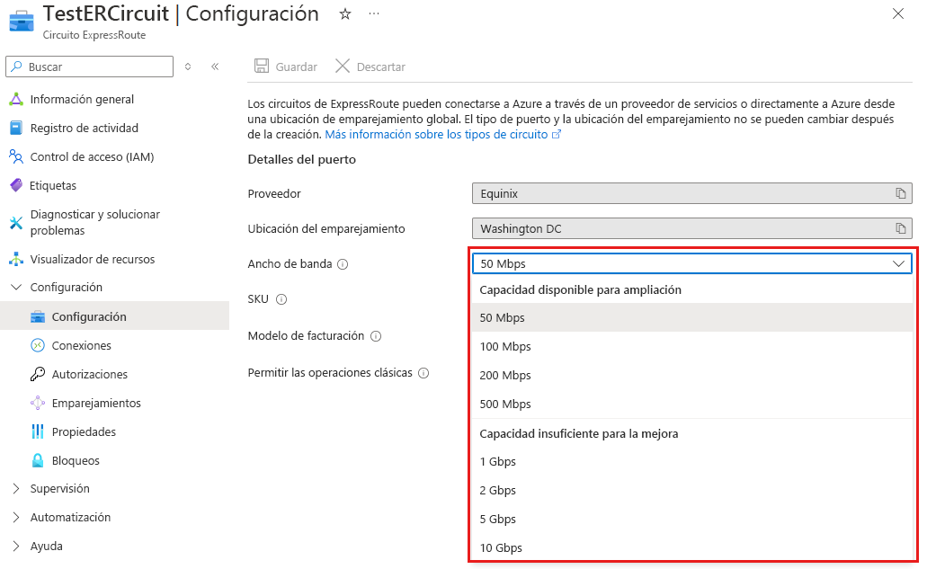 Recorte de pantalla de la actualización de ancho de banda disponible para un circuito ExpressRoute.