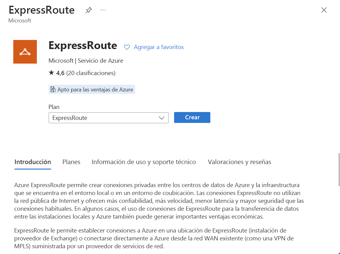 Recorte de pantalla de la creación de un recurso de circuito de ExpressRoute.