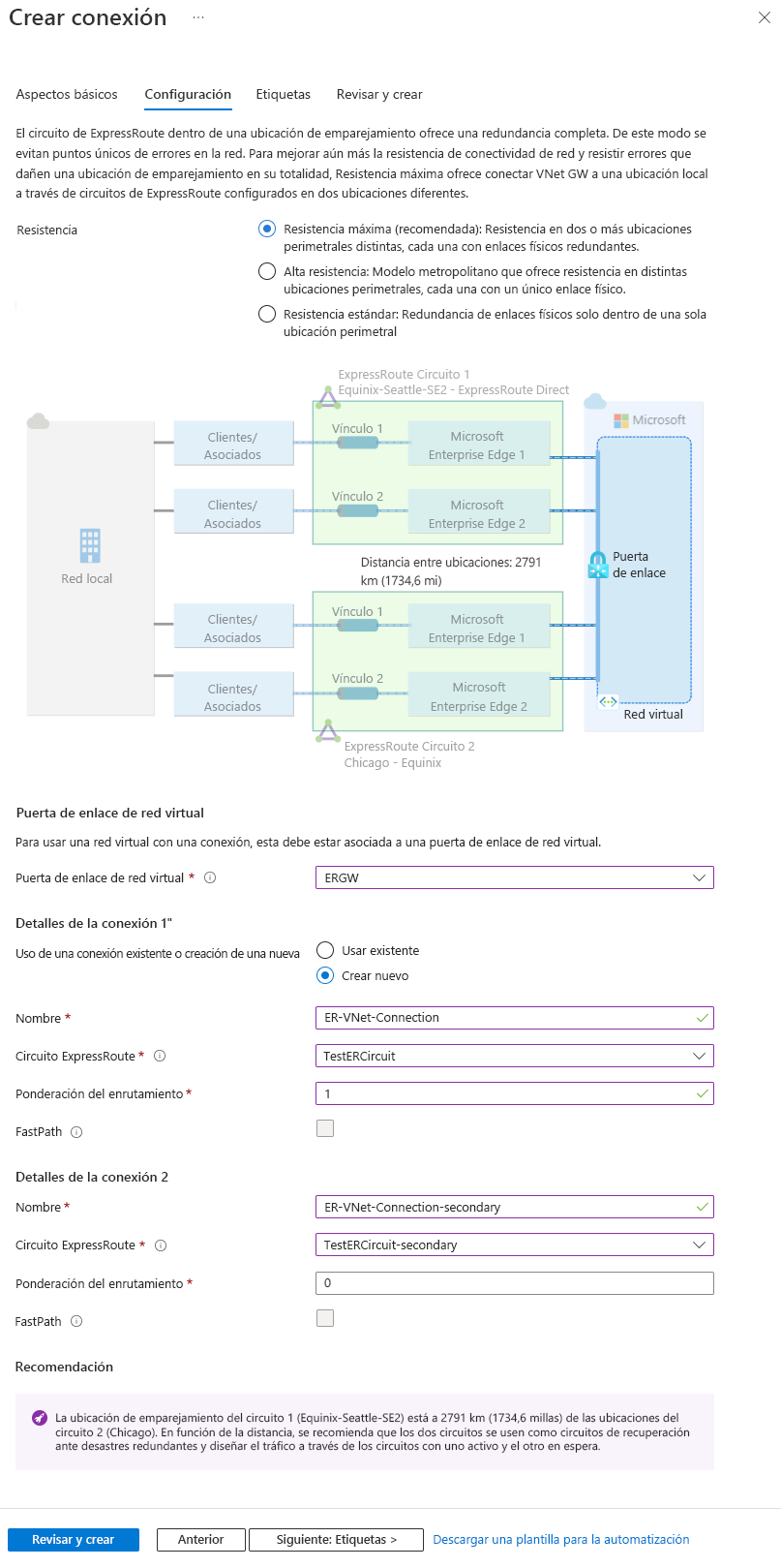 Captura de pantalla de la página de configuración para obtener la máxima resistencia de las conexiones ExpressRoute a una puerta de enlace de red virtual.