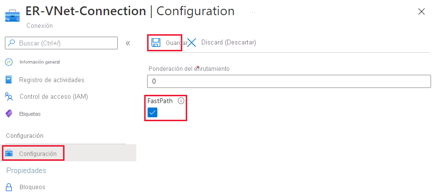 Captura de pantalla de la casilla FastPath en la página de configuración de la conexión.