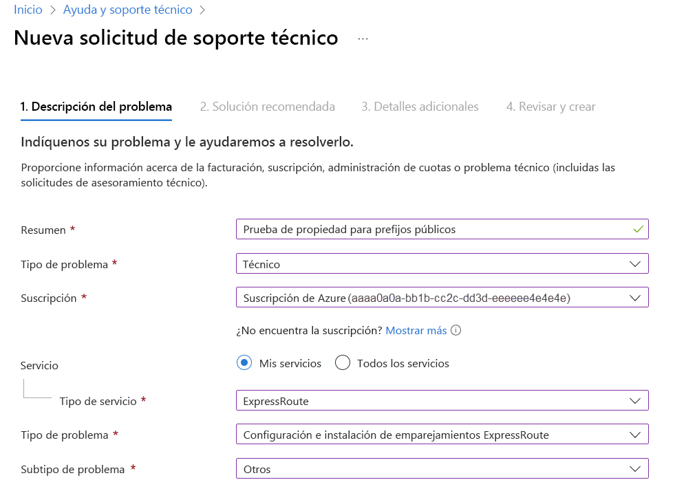 Captura de pantalla que muestra una nueva solicitud de soporte técnico para enviar una prueba de propiedad de prefijos públicos.