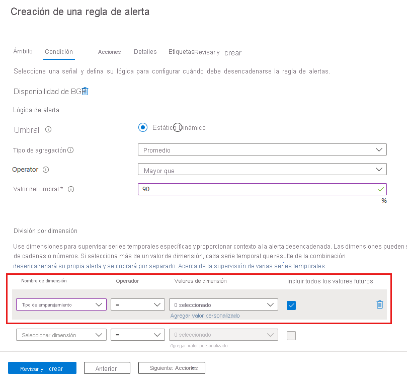 Captura de pantalla de una regla de alertas basada en la configuración del emparejamiento de ExpressRoute.