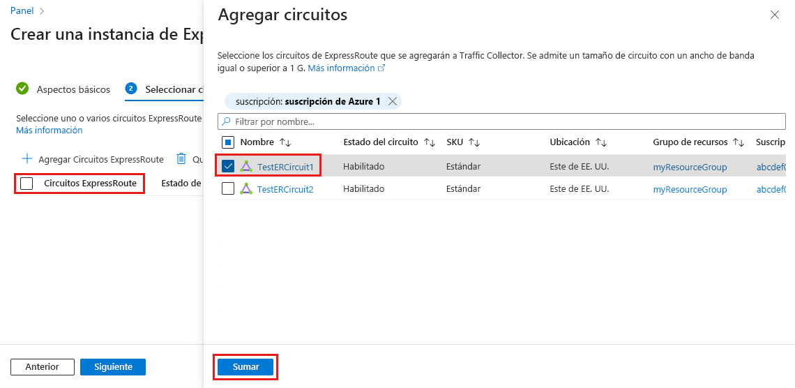 Captura de pantalla de la pestaña de selección de circuitos ExpressRoute y la opción para agregar circuitos