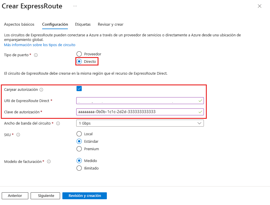 Screenshot of redeeming authorization when creating a new ExpressRoute circuit.