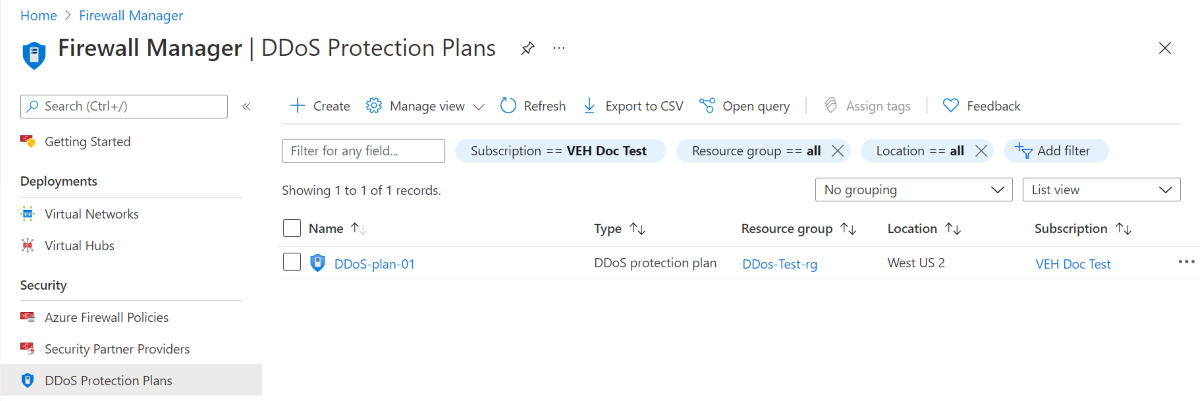 Captura de pantalla de la página Planes de DDoS Protection de Firewall Manager