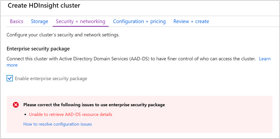 Validación de dominio con error de Enterprise Security Package de Azure HDInsight.