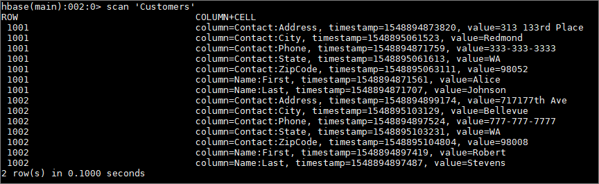 Recorte de pantalla que muestra la salida del shell de HDInsight Hadoop HBase.