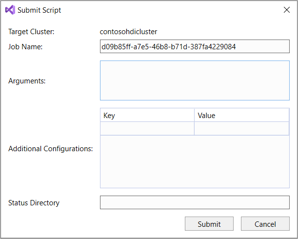 Cuadro de diálogo Enviar script, consulta de Hive en HDInsight Hadoop.