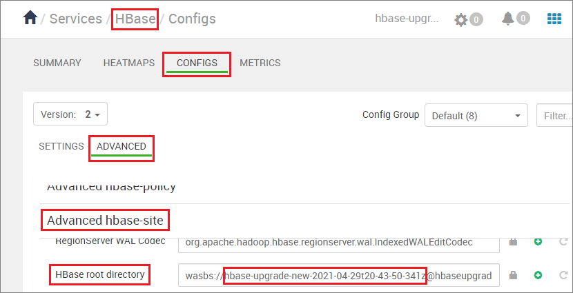 En Ambari, cambie el nombre del contenedor del directorio raíz de HBase.