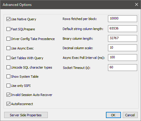 Opciones de configuración avanzada de DSN.