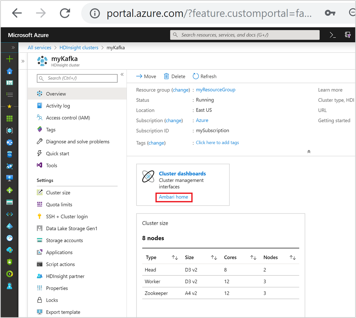 Imagen Azure Portal con el panel de clúster seleccionado.