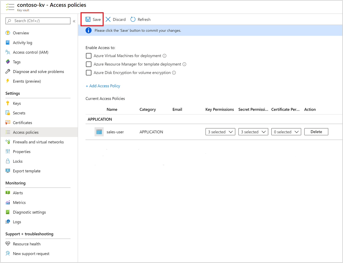 Guarde la directiva de acceso de Azure Key Vault.