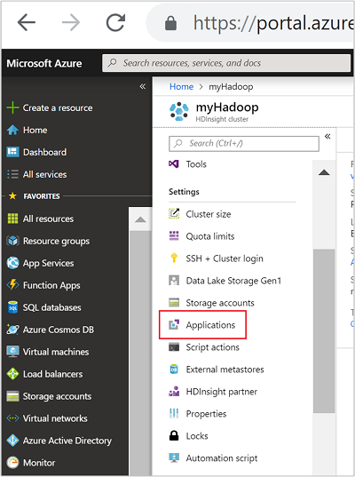 Menú del portal de aplicaciones de HDInsight.