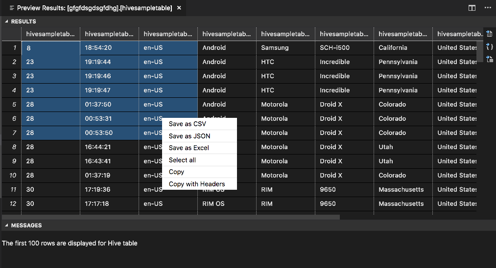 Ventana de resultados con la vista previa de Hive y Spark para Visual Studio Code.