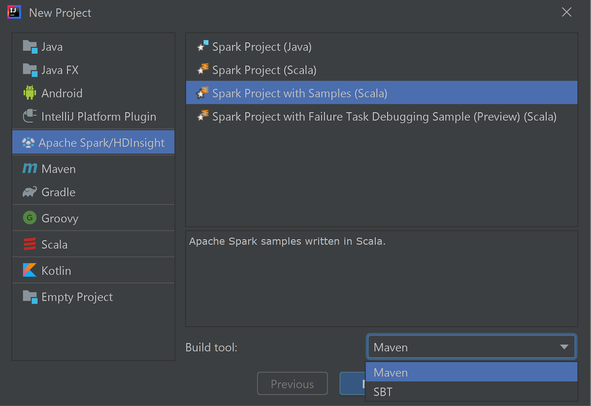 Creación de nuevo proyecto de Spark en IntelliJ.