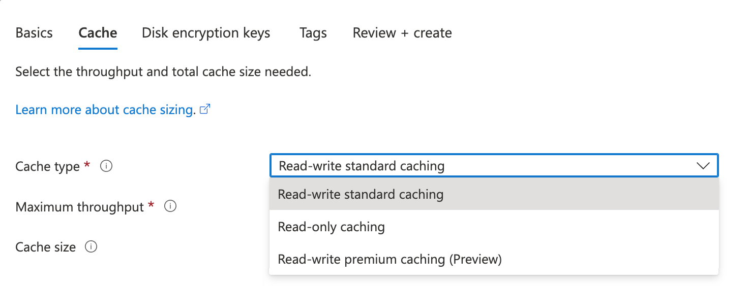 Captura de pantalla de la pestaña caché en el Asistente para creación de Azure Portal, con el selector de tipos de caché abierto.